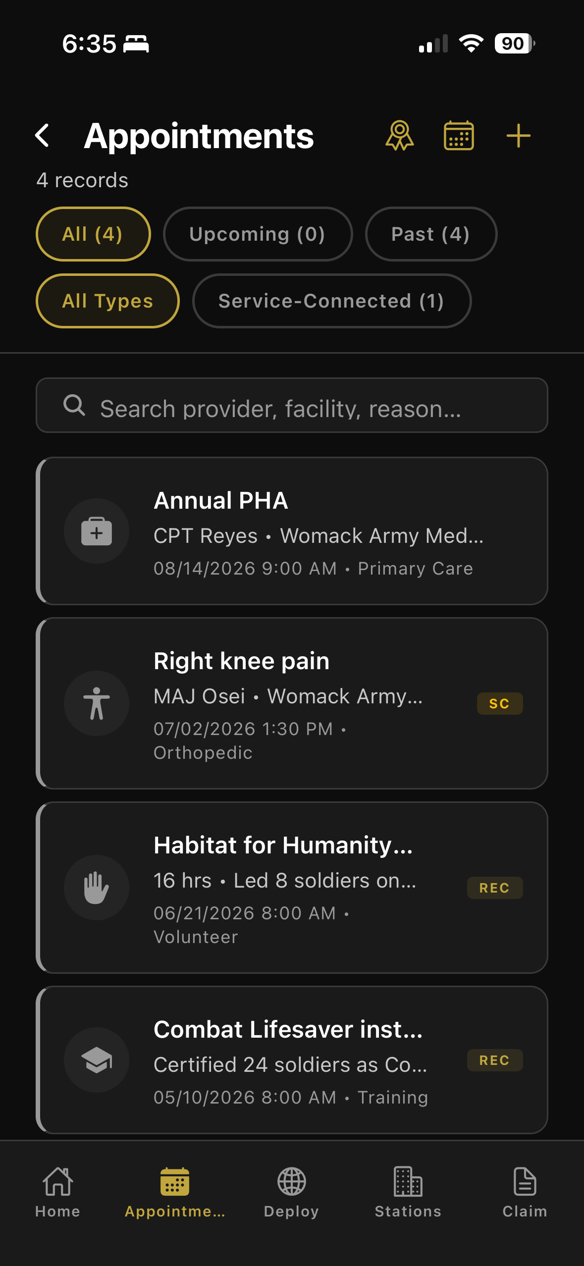 Appointments list with service-connected, volunteer, and training entries, each with provider, facility, and date.