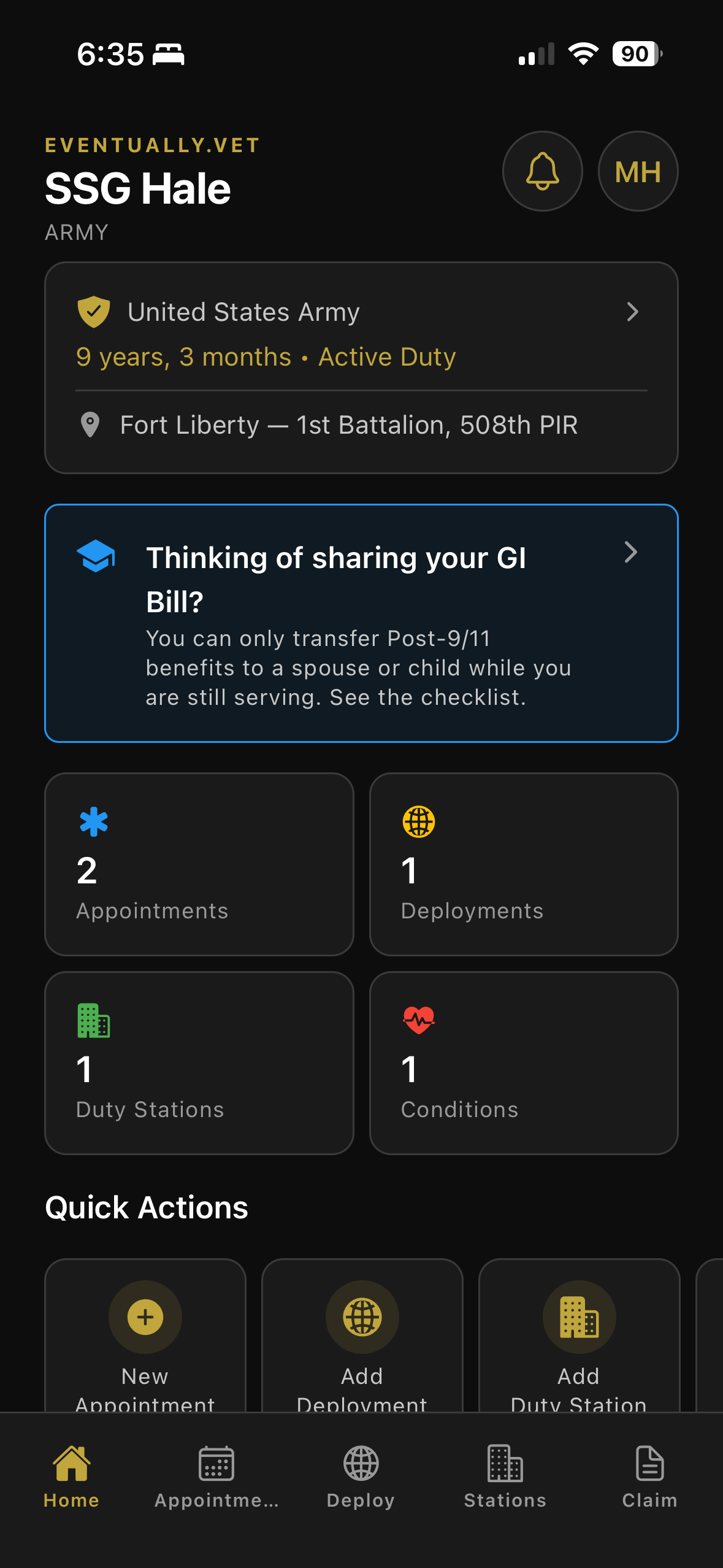 EVENTUALLY.VET home dashboard: branch-themed header with rank and name, service summary, and record stat cards.