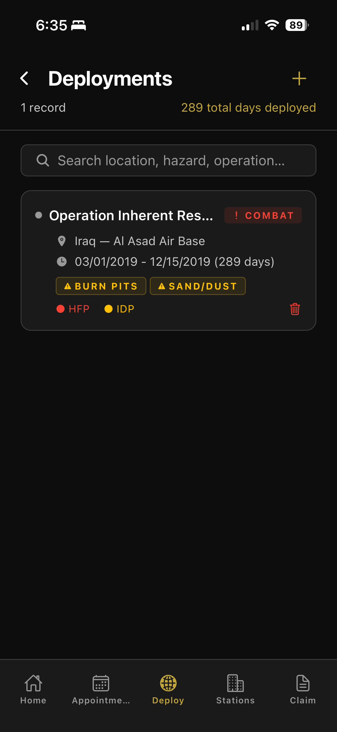 Deployments screen showing an operation with combat tag, dates, total days deployed, and hazard exposure tags like burn pits and sand/dust.